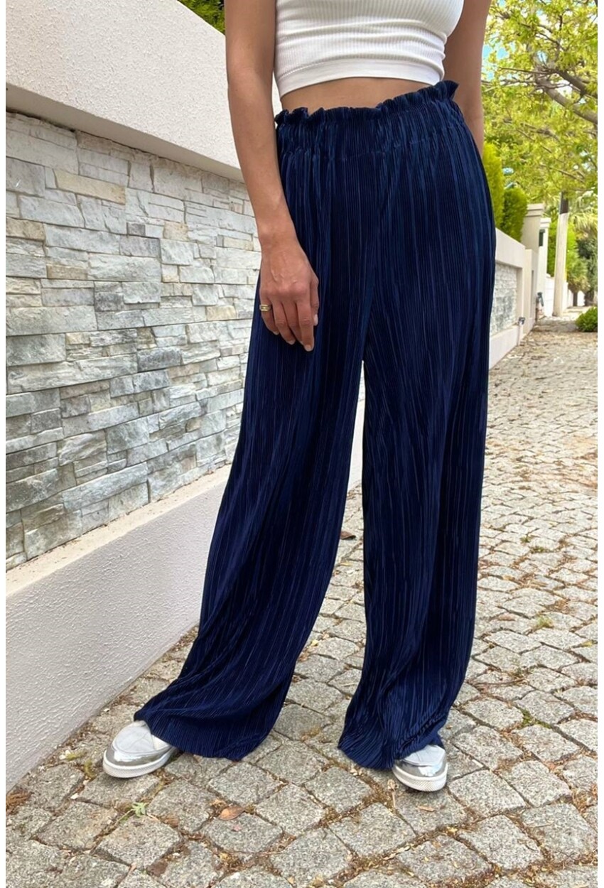 Kadın Lacivert Kendinden Dokulu Beli Lastikli Bol Paça Salaş Pantolon BST700-3578