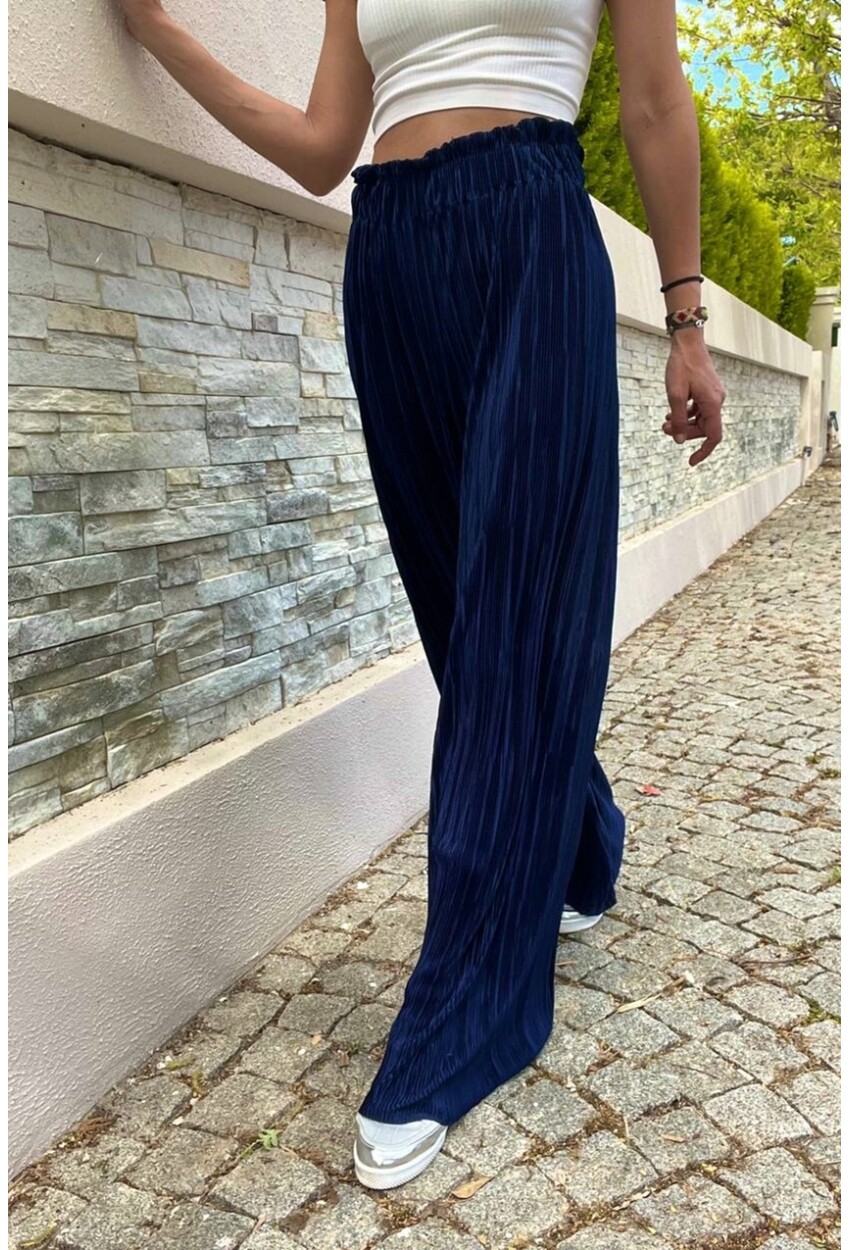 Kadın Lacivert Kendinden Dokulu Beli Lastikli Bol Paça Salaş Pantolon BST700-3578