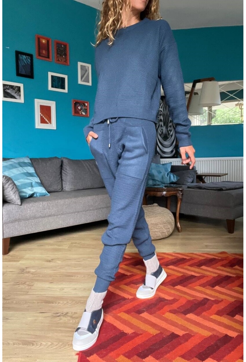 Kadın Lacivert Özel Dokulu Beli Lastikli Cepli Triko Eşofman Takım 1St20