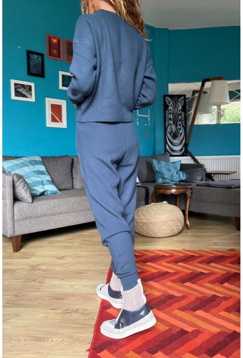 Kadın Lacivert Özel Dokulu Beli Lastikli Cepli Triko Eşofman Takım 1St20