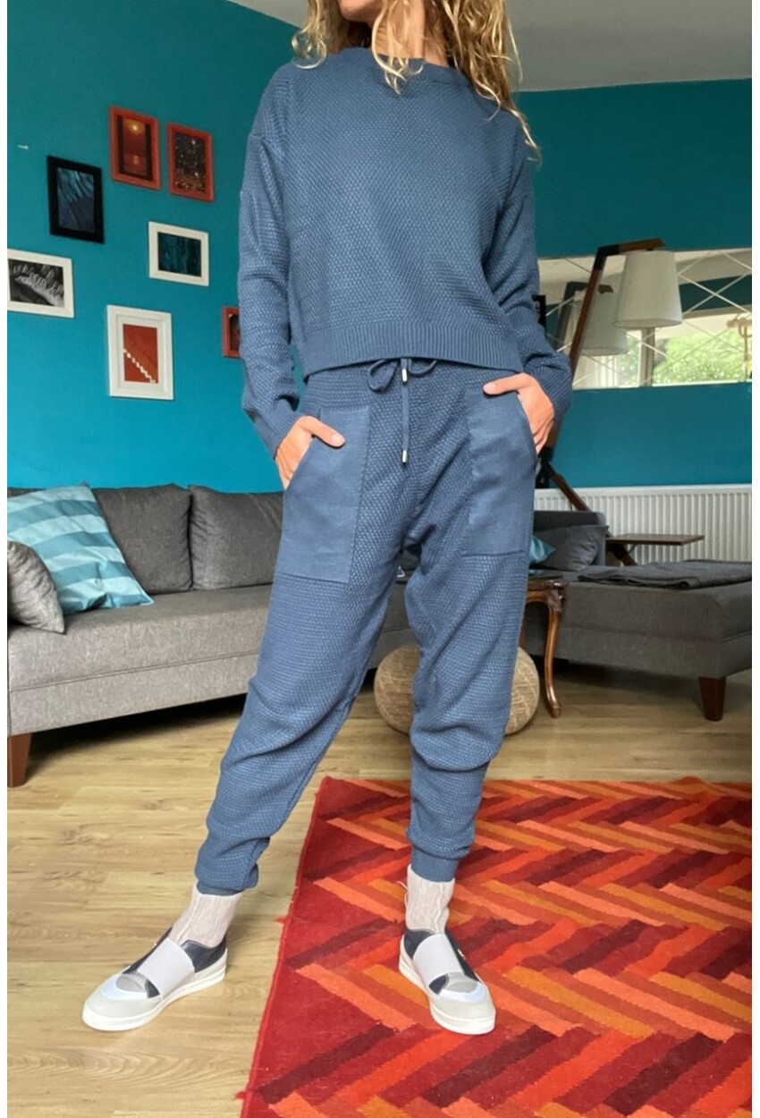 Kadın Lacivert Özel Dokulu Beli Lastikli Cepli Triko Eşofman Takım 1St20