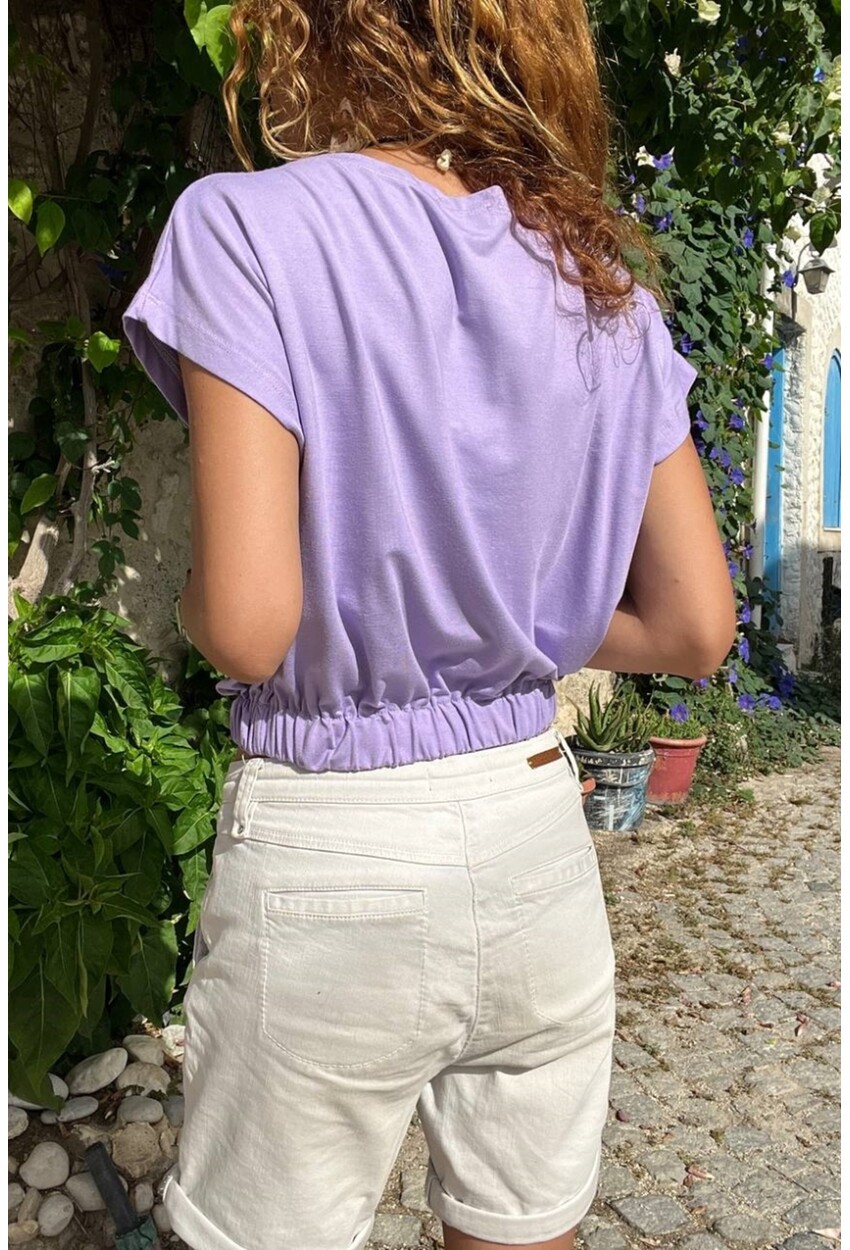 Kadın Lila Geniş Yaka Eteği Lastikli Tek Cep Crop Bluz BST3624