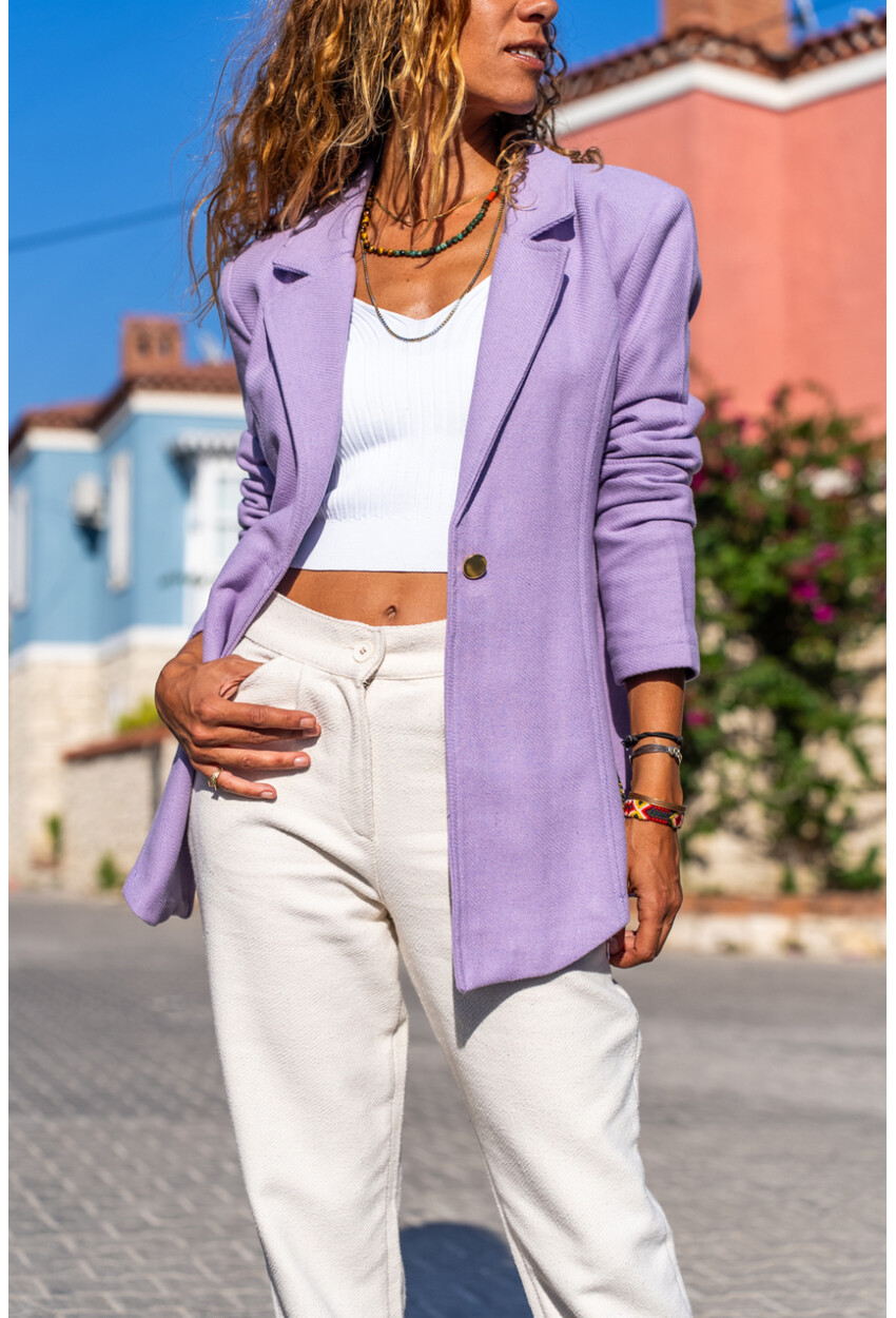 Kadın Lila Kendinden Desenli Kaşe İçi Astarlı Tek Düğme Blazer Ceket Bst3449