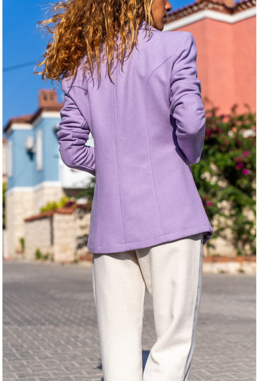 Kadın Lila Kendinden Desenli Kaşe İçi Astarlı Tek Düğme Blazer Ceket Bst3449