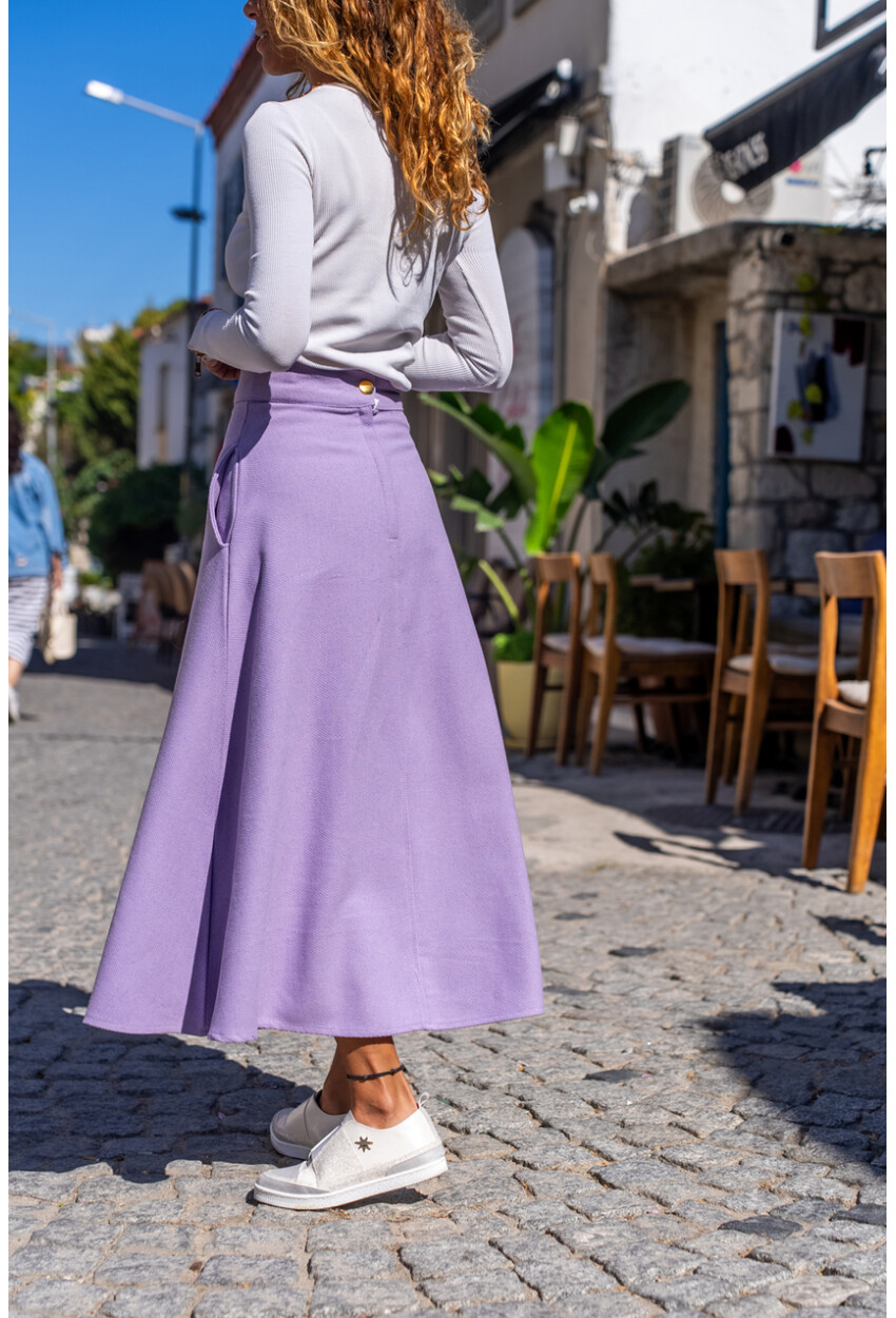 Kadın Lila Kendinden Desenli Kaşe Yüksek Bel Cepli Kiloş Etek Bst3461