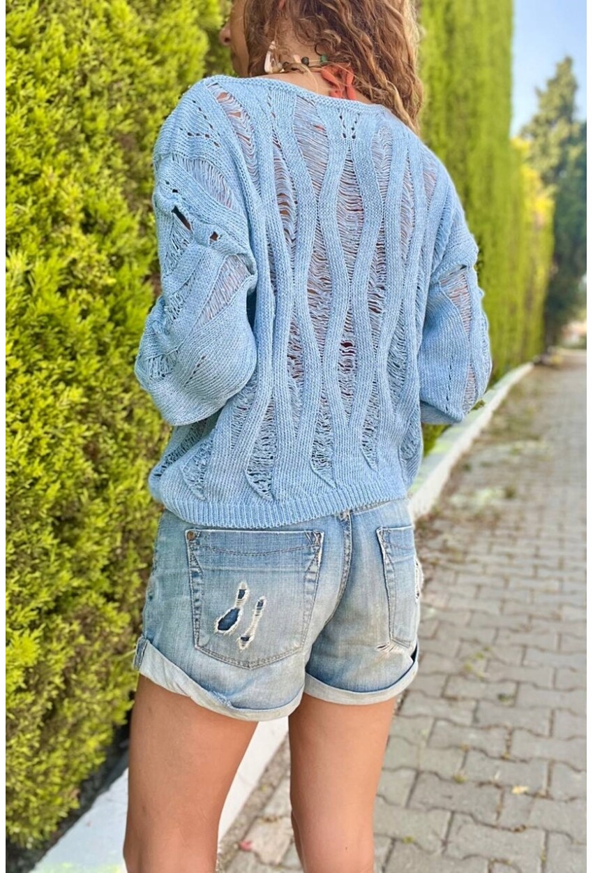 Kadın Mavi Ajurlu Dalga Desen Yumuşak Dokulu İnce Triko Bluz BST-T201Mavi