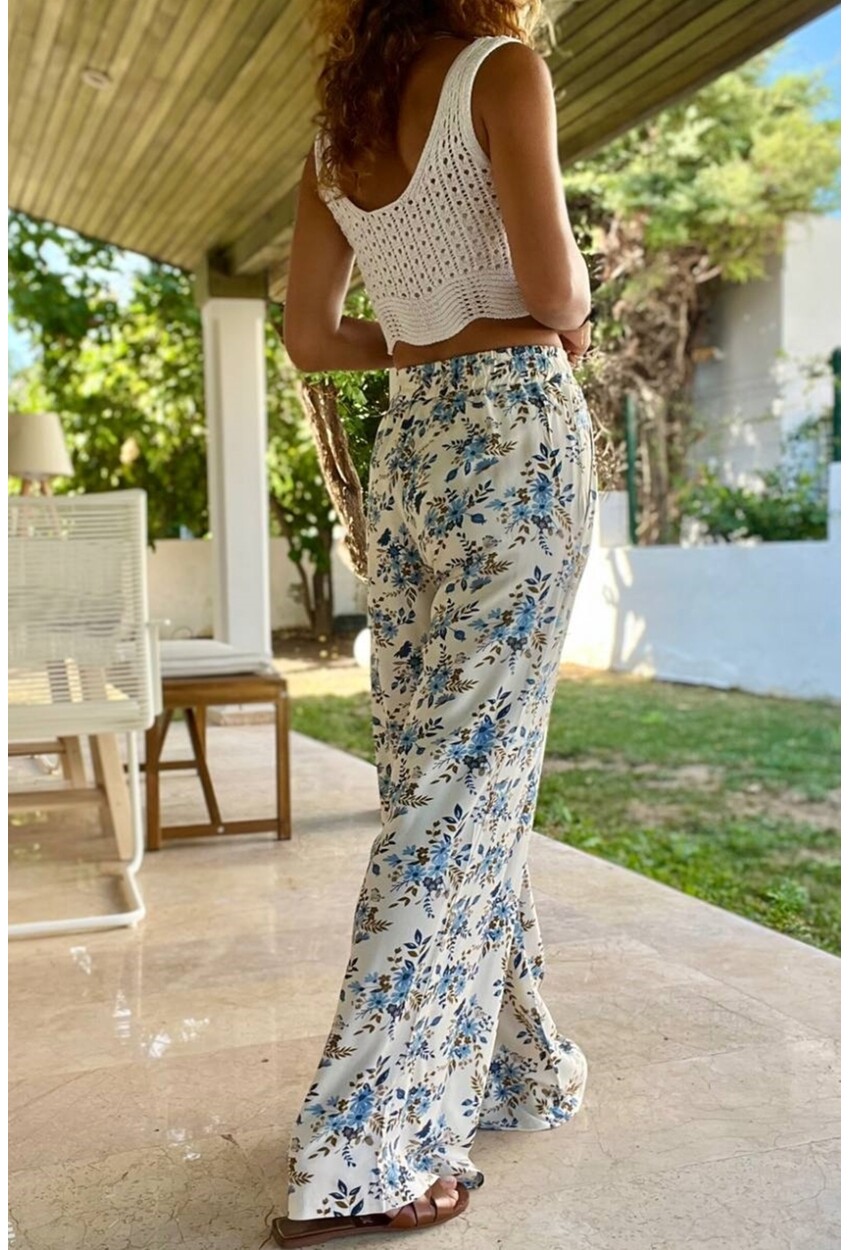 Kadın Mavi Beli Lastikli Cepli Desenli Bol Kesim Pantolon BST700-3644