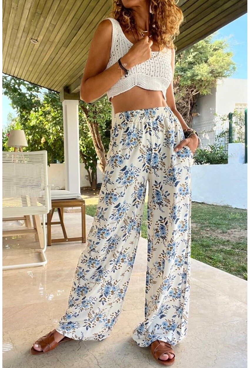 Kadın Mavi Beli Lastikli Cepli Desenli Bol Kesim Pantolon BST700-3644
