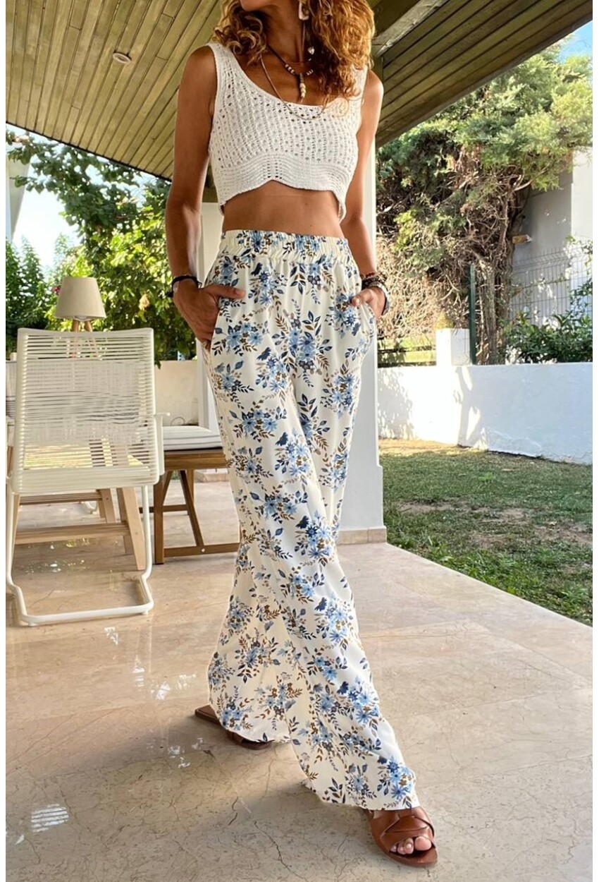 Kadın Mavi Beli Lastikli Cepli Desenli Bol Kesim Pantolon BST700-3644
