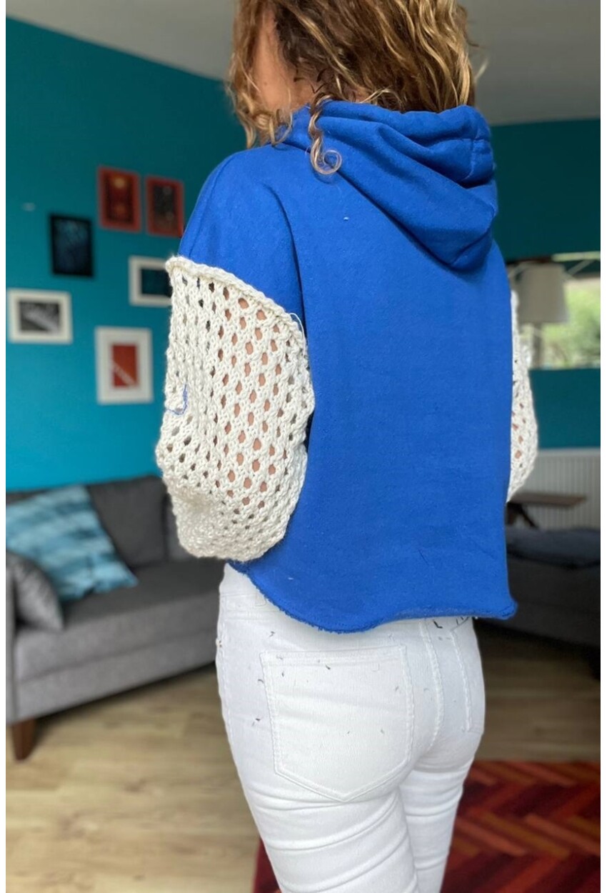 Kadın Mavi İçi Şardonlu Kapüşonlu Kolları Triko Salaş Sweatshirt 1St21