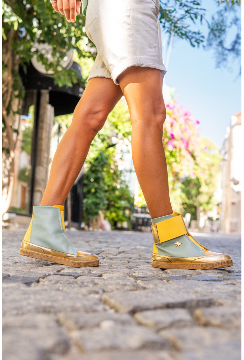 Guki35 Kadın Mint-Sarı Günlük Rahat Vegan Happy High Top Sneaker Gk-Puppis044