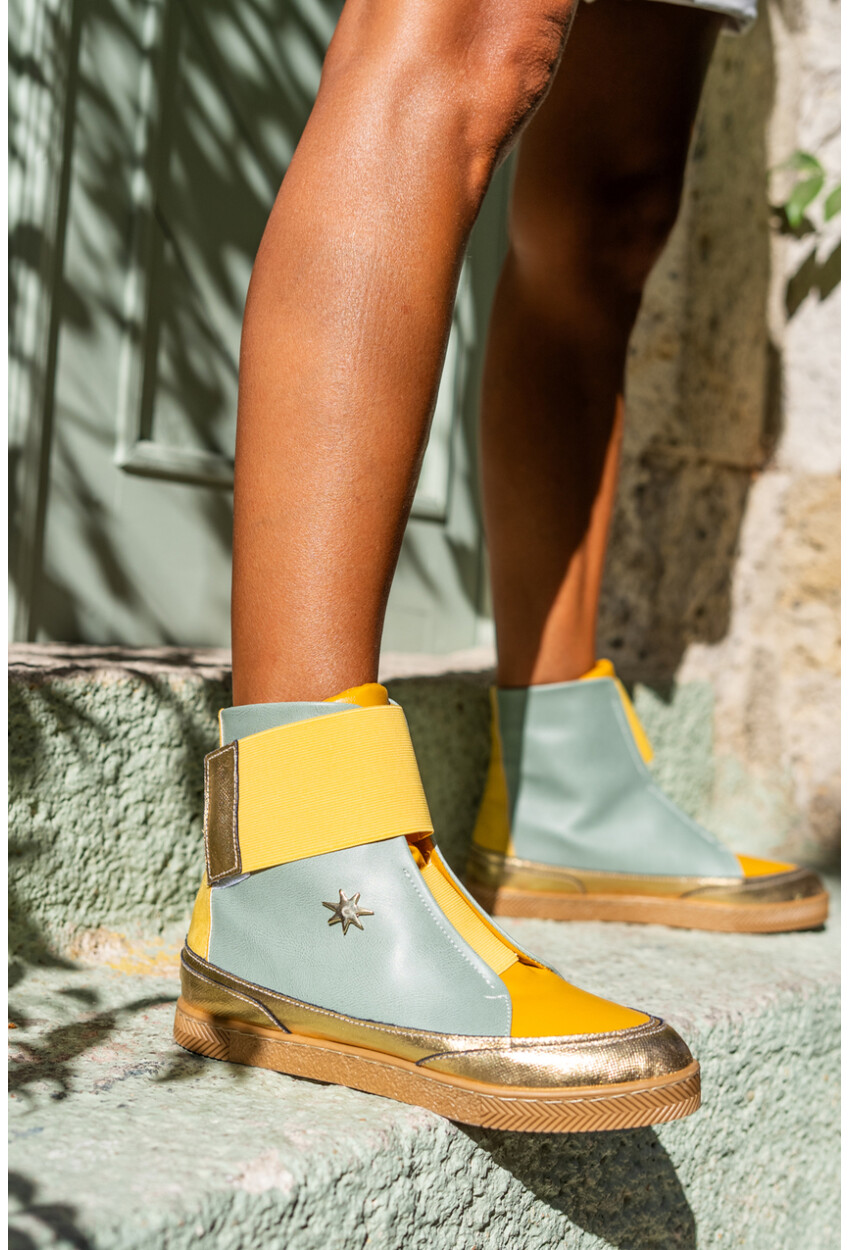 Guki35 Kadın Mint-Sarı Günlük Rahat Vegan Happy High Top Sneaker Gk-Puppis044