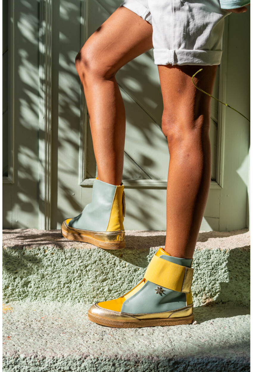 Guki35 Kadın Mint-Sarı Günlük Rahat Vegan Happy High Top Sneaker Gk-Puppis044