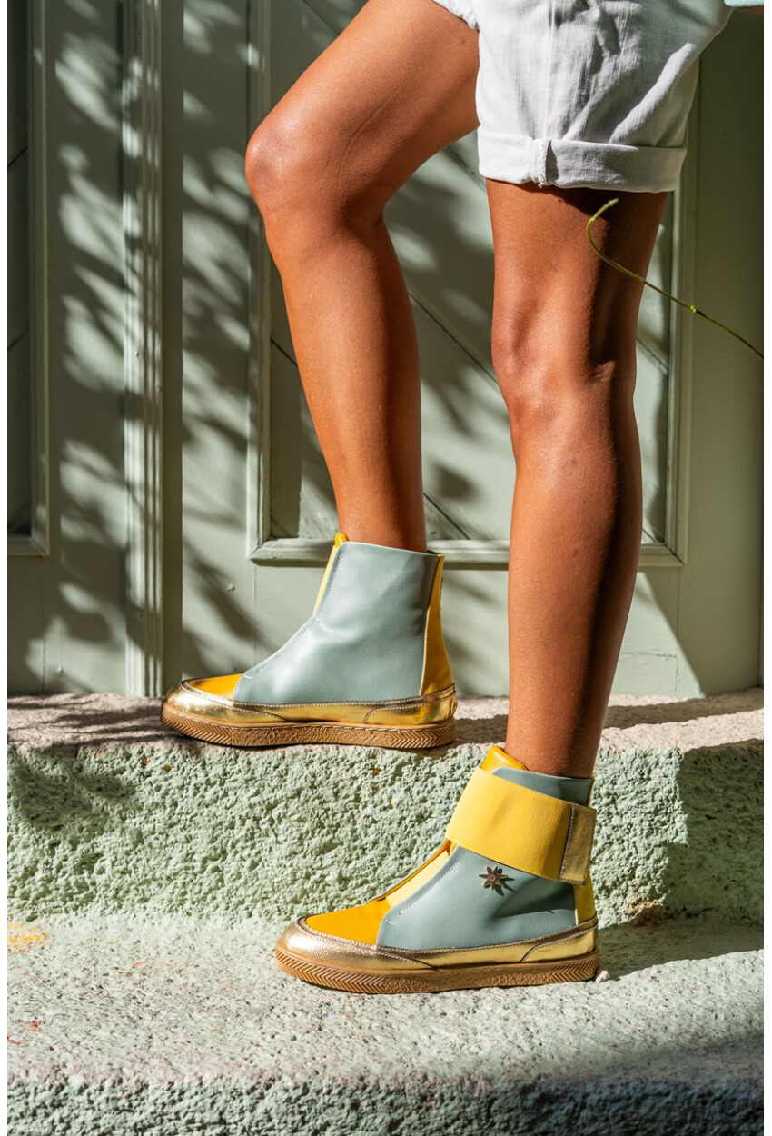 Guki35 Kadın Mint-Sarı Günlük Rahat Vegan Happy High Top Sneaker Gk-Puppis044