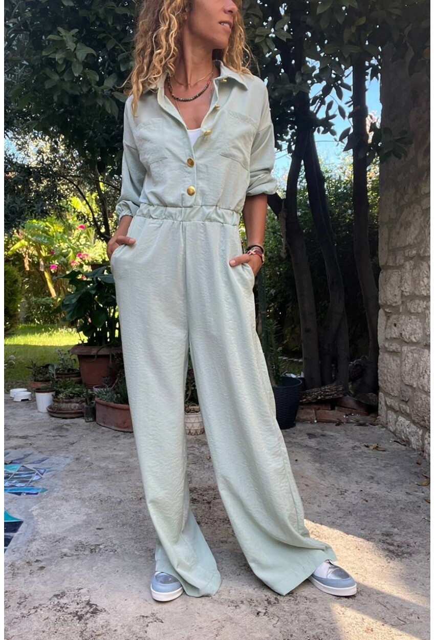 Kadın Mint Yarım Patlı Beli Lastikli Bol Paça Cepli Salaş Tulum Bst3360