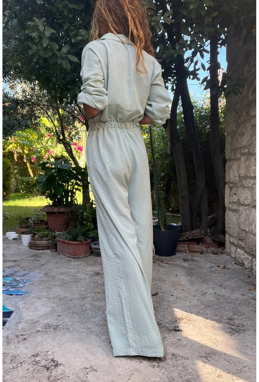 Kadın Mint Yarım Patlı Beli Lastikli Bol Paça Cepli Salaş Tulum Bst3360