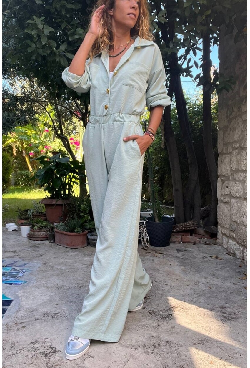 Kadın Mint Yarım Patlı Beli Lastikli Bol Paça Cepli Salaş Tulum Bst3360