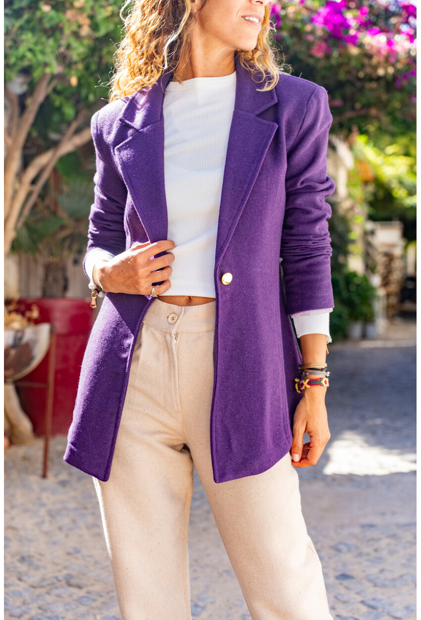 Kadın Mor Kendinden Desenli Kaşe İçi Astarlı Tek Düğme Blazer Ceket Bst3449