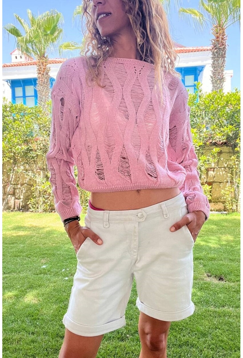 Kadın Pembe Ajurlu Dalga Desen Yumuşak Dokulu İnce Triko Bluz BST-T201Pembe