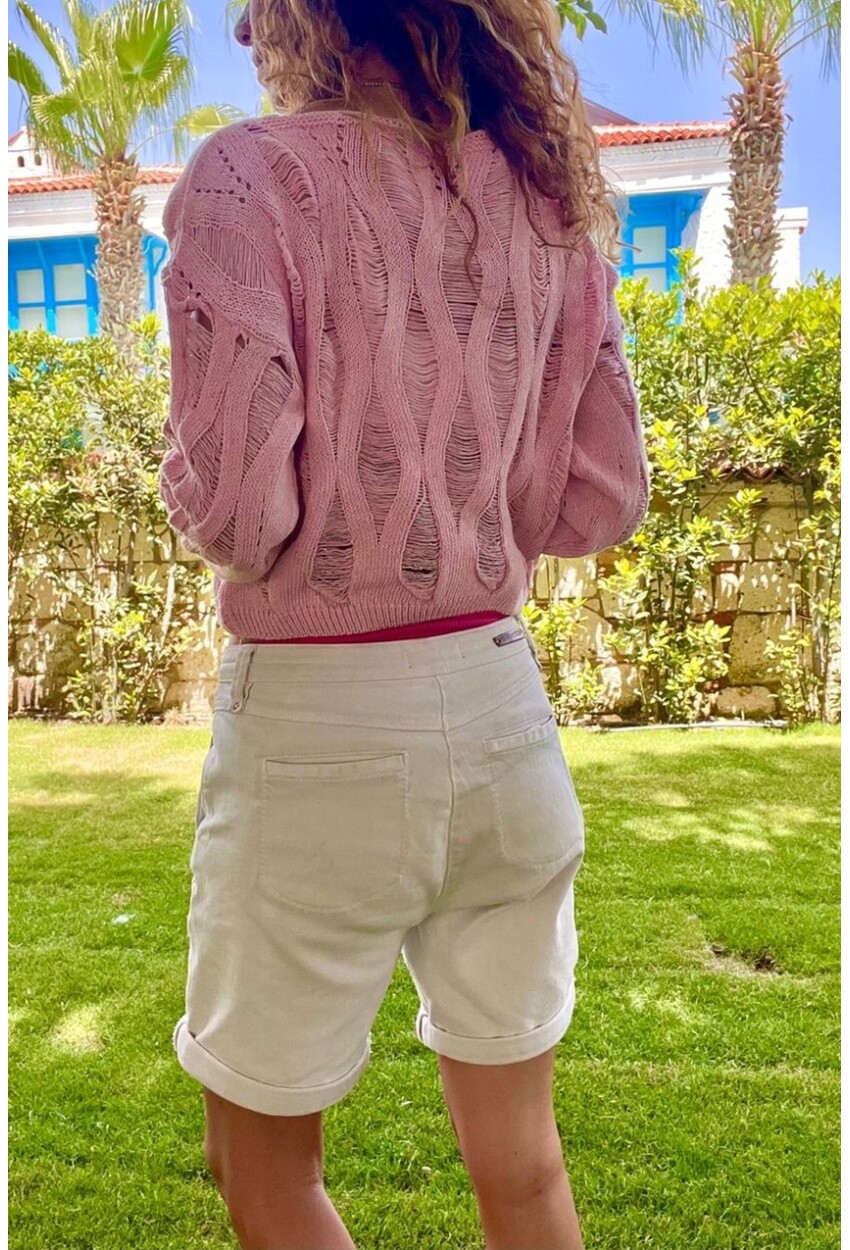 Kadın Pembe Ajurlu Dalga Desen Yumuşak Dokulu İnce Triko Bluz BST-T201Pembe
