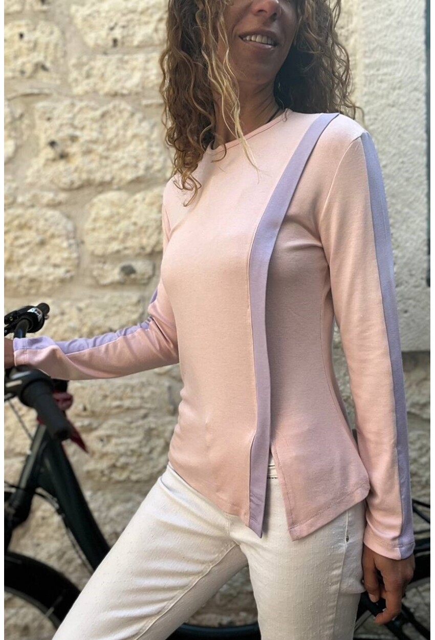 Kadın Pembe Asimetrik Kesim Şerit Detaylı Salaş Bluz BST700-3586