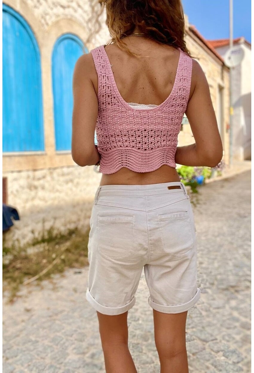 Kadın Pembe Askılı Kendinden Desenli Ajurlu Triko Bluz BST-T202Pembe