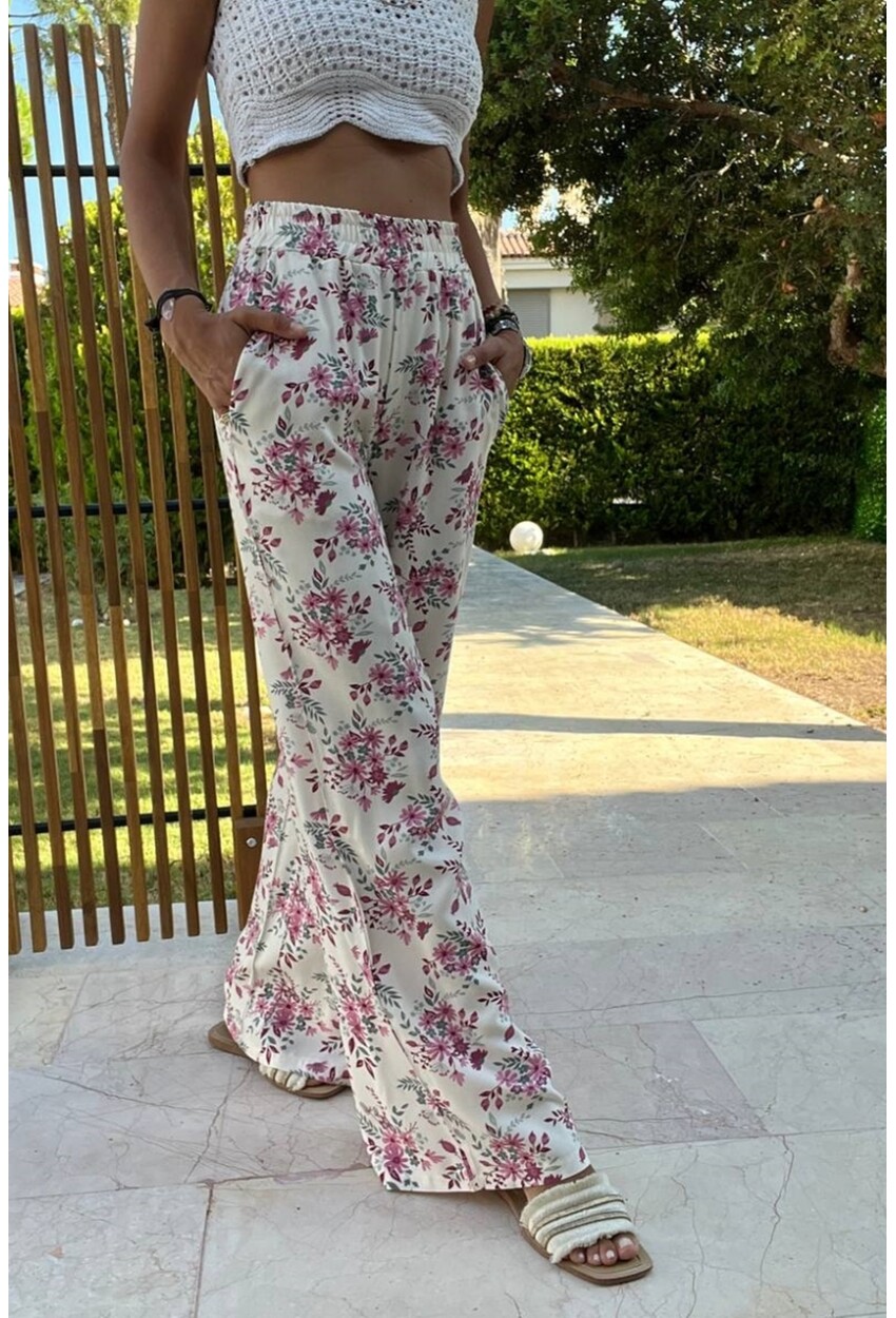 Kadın Pembe Beli Lastikli Cepli Desenli Bol Kesim Pantolon BST700-3644