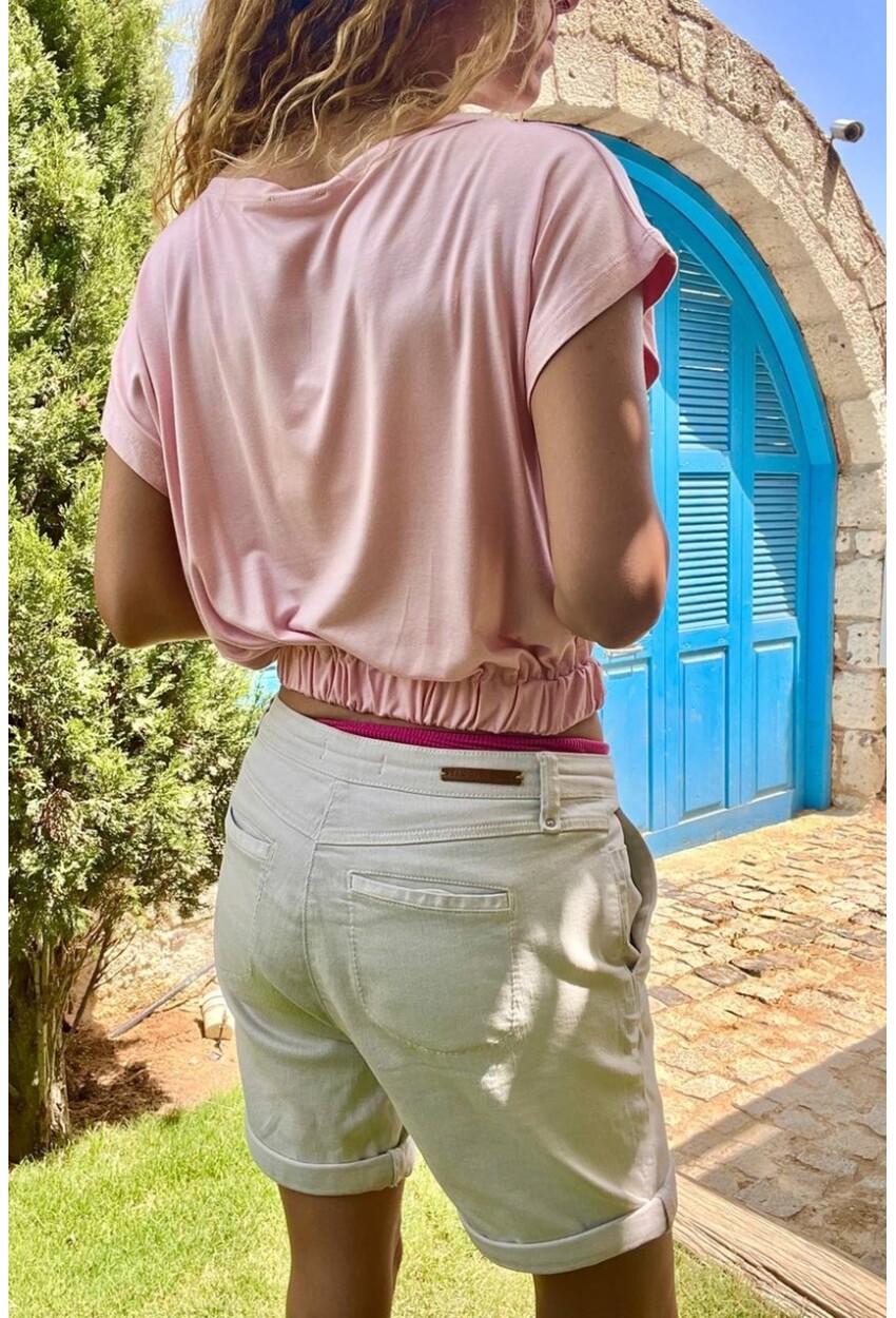 Kadın Pembe Geniş Yaka Eteği Lastikli Tek Cep Crop Bluz BST3624