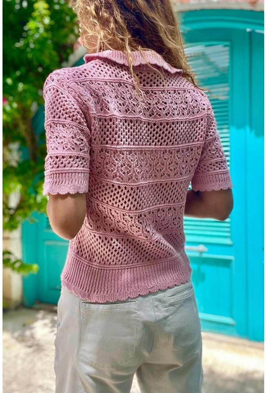 Kadın Pembe Kendinden Desenli Ajurlu Polo Yaka Triko Bluz BST-T204