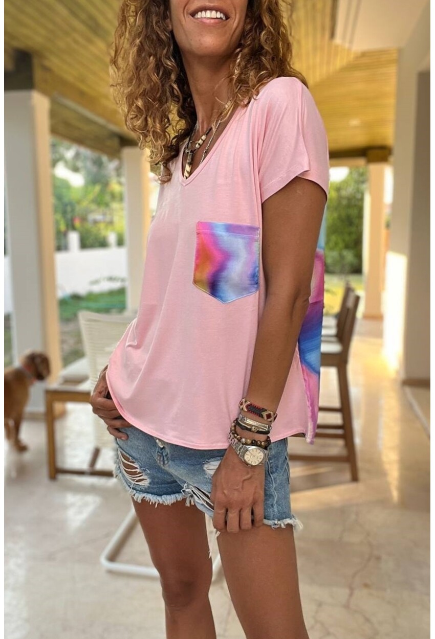 Kadın Pembe Renkli Garnili Tek Cep V Yaka Salaş T-Shirt Bst3426