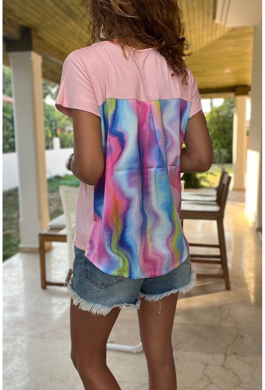 Kadın Pembe Renkli Garnili Tek Cep V Yaka Salaş T-Shirt Bst3426