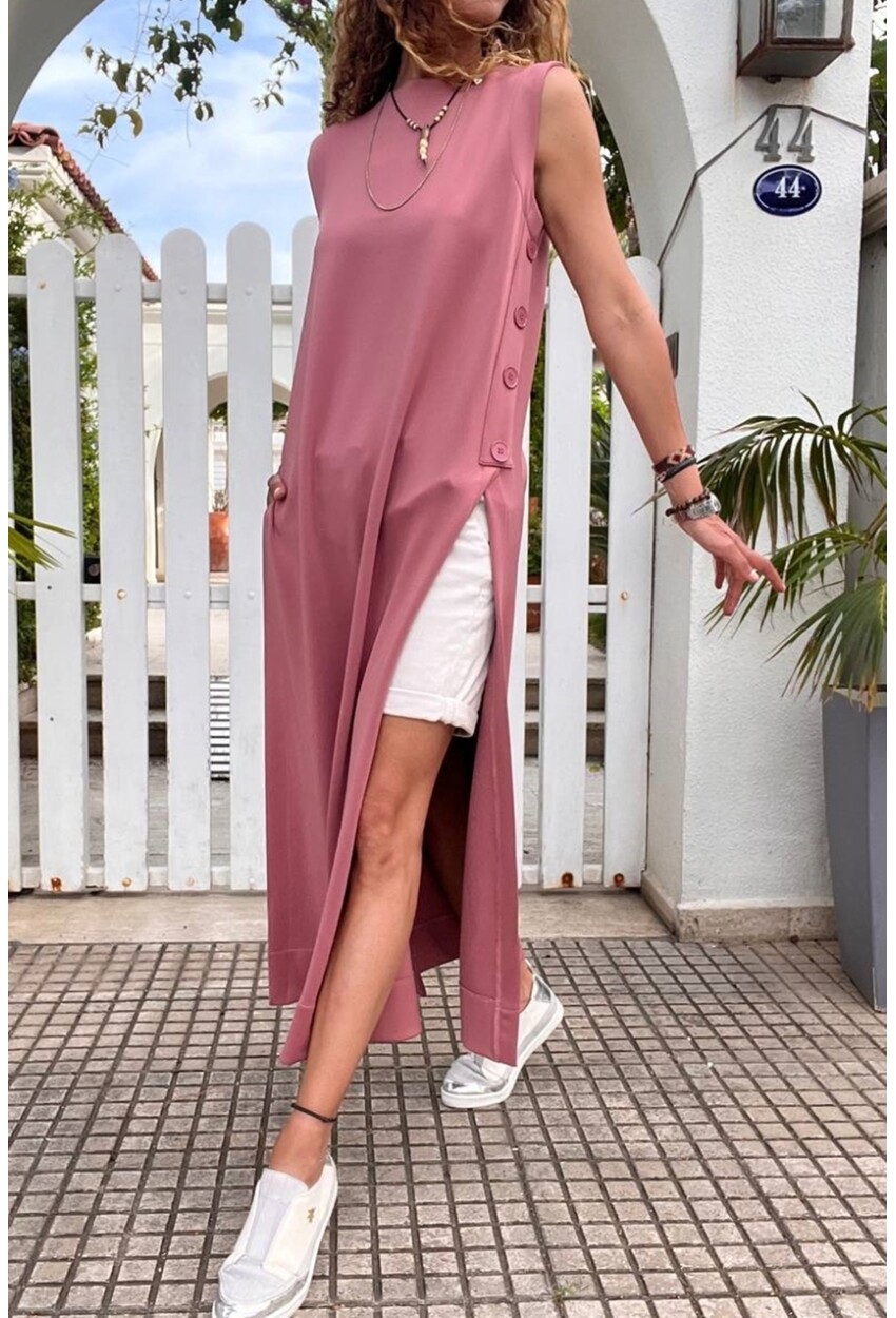 Kadın Pembe Scuba Yanı Düğmeli ve Yırtmaçlı Uzun Tunik Elbise BST700-3561