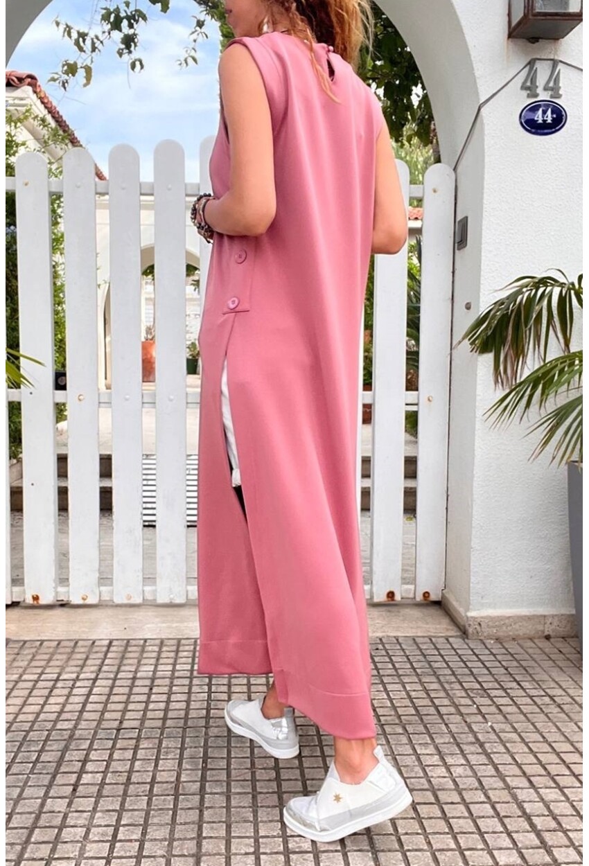 Kadın Pembe Scuba Yanı Düğmeli ve Yırtmaçlı Uzun Tunik Elbise BST700-3561