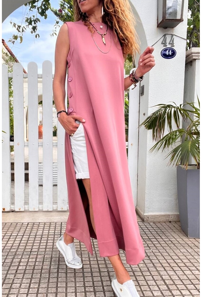 Kadın Pembe Scuba Yanı Düğmeli ve Yırtmaçlı Uzun Tunik Elbise BST700-3561