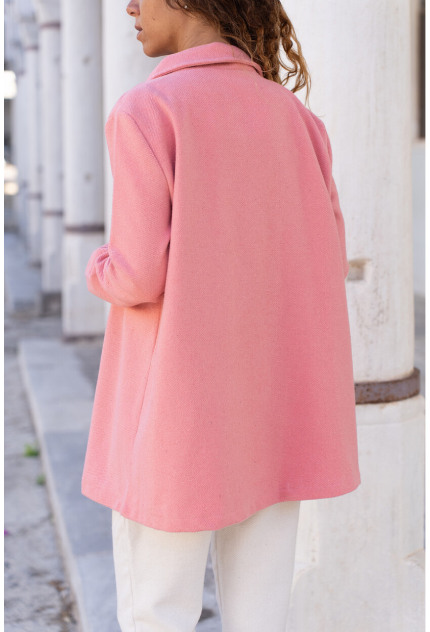 Kadın Pudra Kendinden Dokulu Kaşe Ceket Yaka Astarlı A Kesim Çift Düğmeli Kaban Bst3474