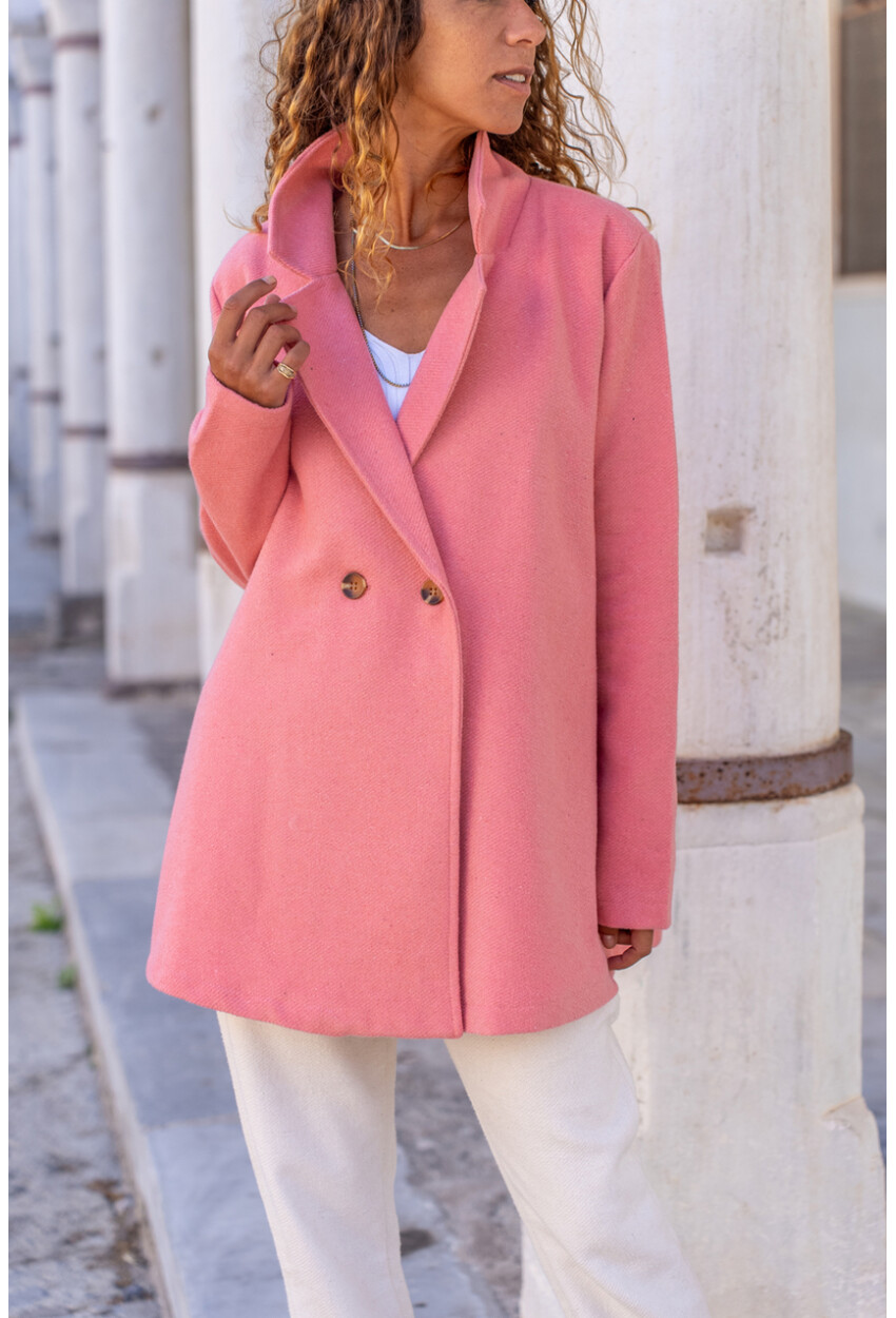 Kadın Pudra Kendinden Dokulu Kaşe Ceket Yaka Astarlı A Kesim Çift Düğmeli Kaban Bst3474