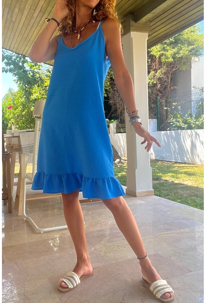 Kadın Saks Askılı Kendinden Yumuşak Dokulu Eteği Volanlı Elbise BST3653