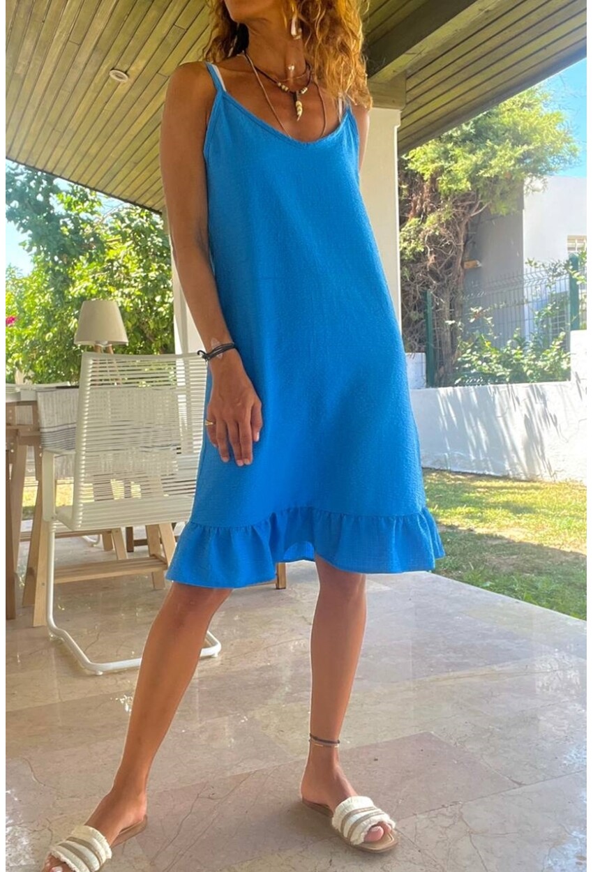 Kadın Saks Askılı Kendinden Yumuşak Dokulu Eteği Volanlı Elbise BST3653