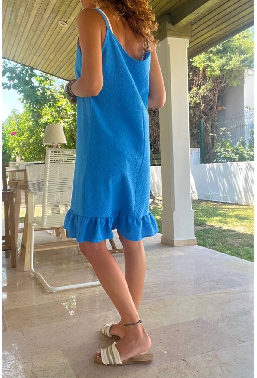 Kadın Saks Askılı Kendinden Yumuşak Dokulu Eteği Volanlı Elbise BST3653