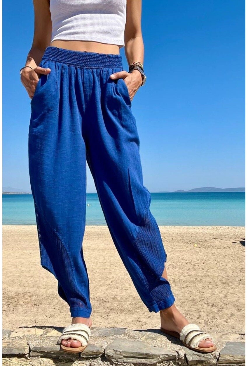 Kadın Saks Beli Lastikli Paçası Düğmeli Fileli Keten Şalvar Pantolon Rsd3038