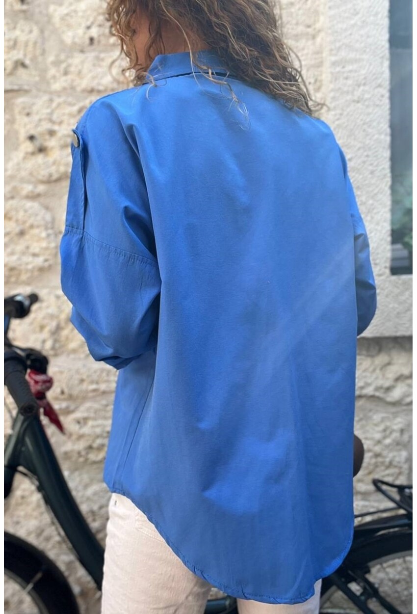 Kadın Saks Çıtçıtlı Zımda Detaylı Apoletli Poplin Salaş Gömlek BST700-3519