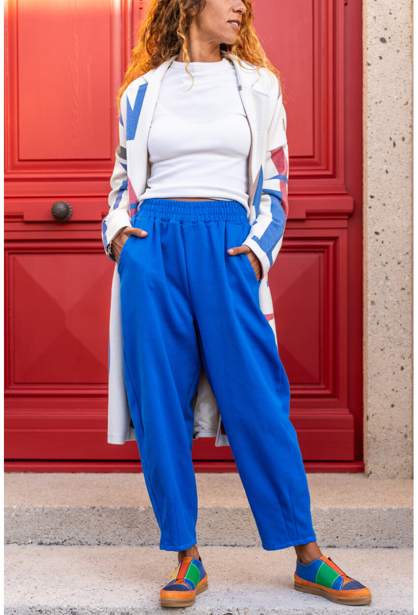 Kadın Saks Gabardin Beli Lastikli Cepli Salaş Pantolon Bst3475