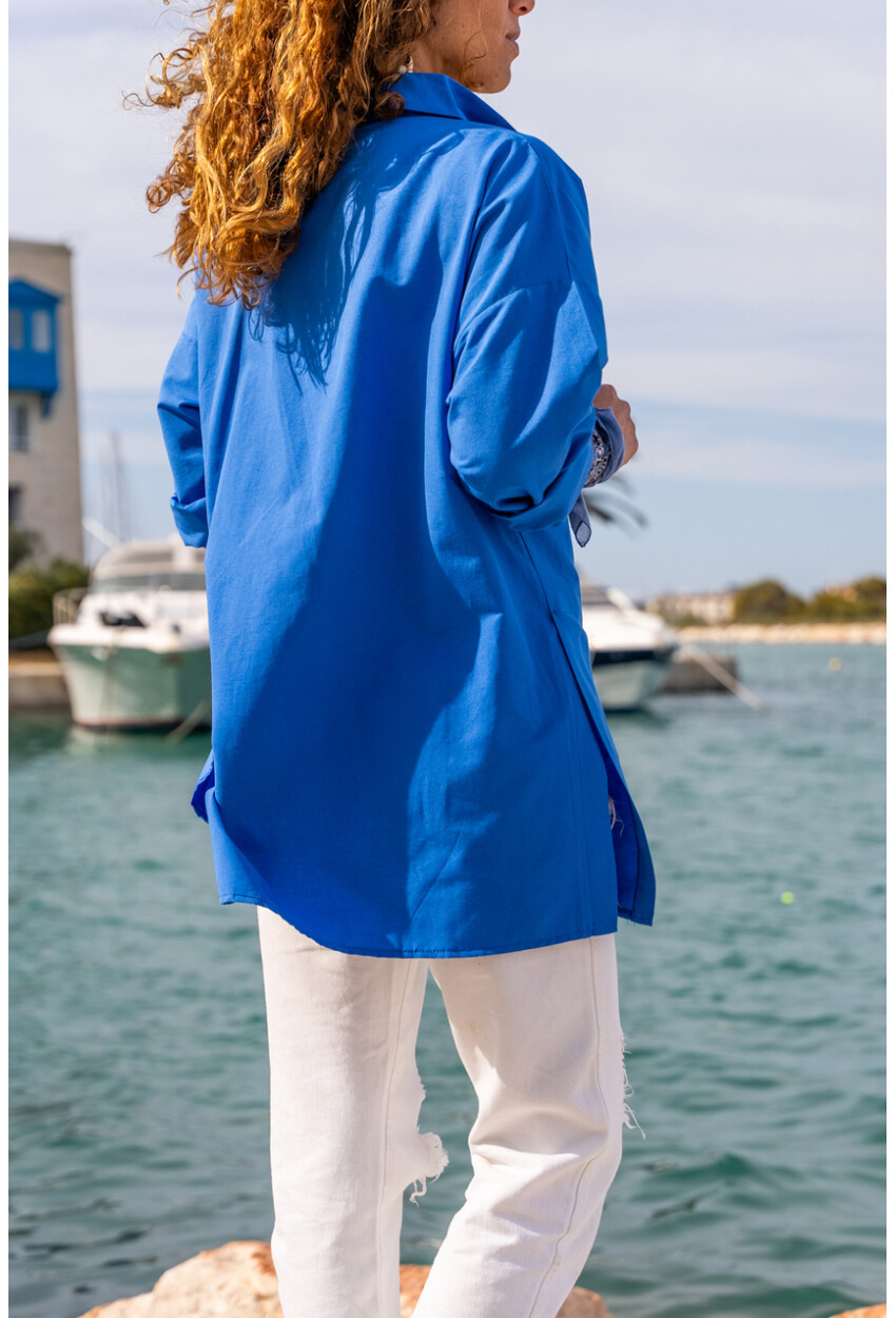 Kadın Saks Poplin Yanı Yırtmaçlı Oversize Uzun Gömlek BST700-3518