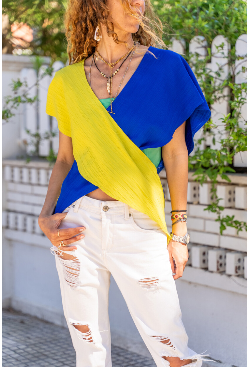 Kadın Saks-Yağ Yeşili Kruvaze Color Block Kendinden Dokulu Bluz BST700-3572