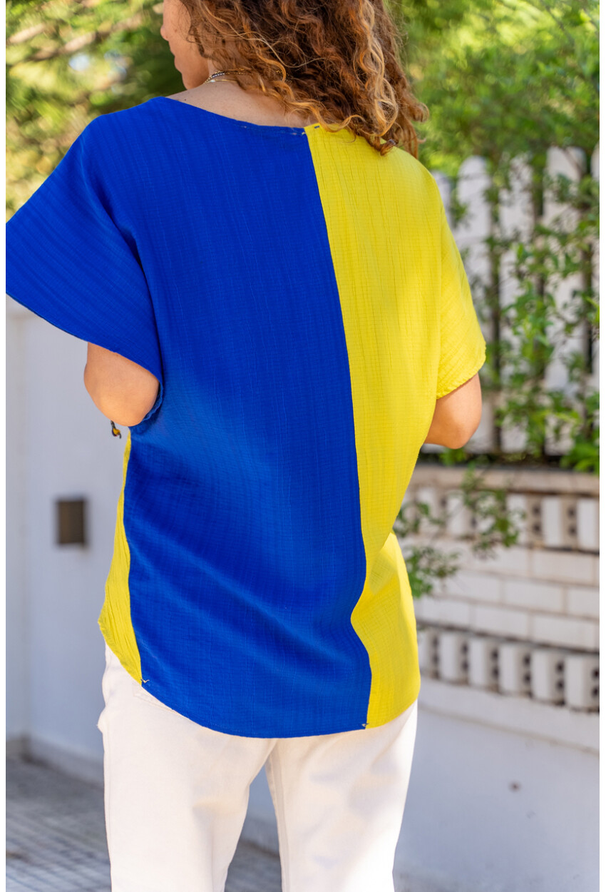 Kadın Saks-Yağ Yeşili Kruvaze Color Block Kendinden Dokulu Bluz BST700-3572