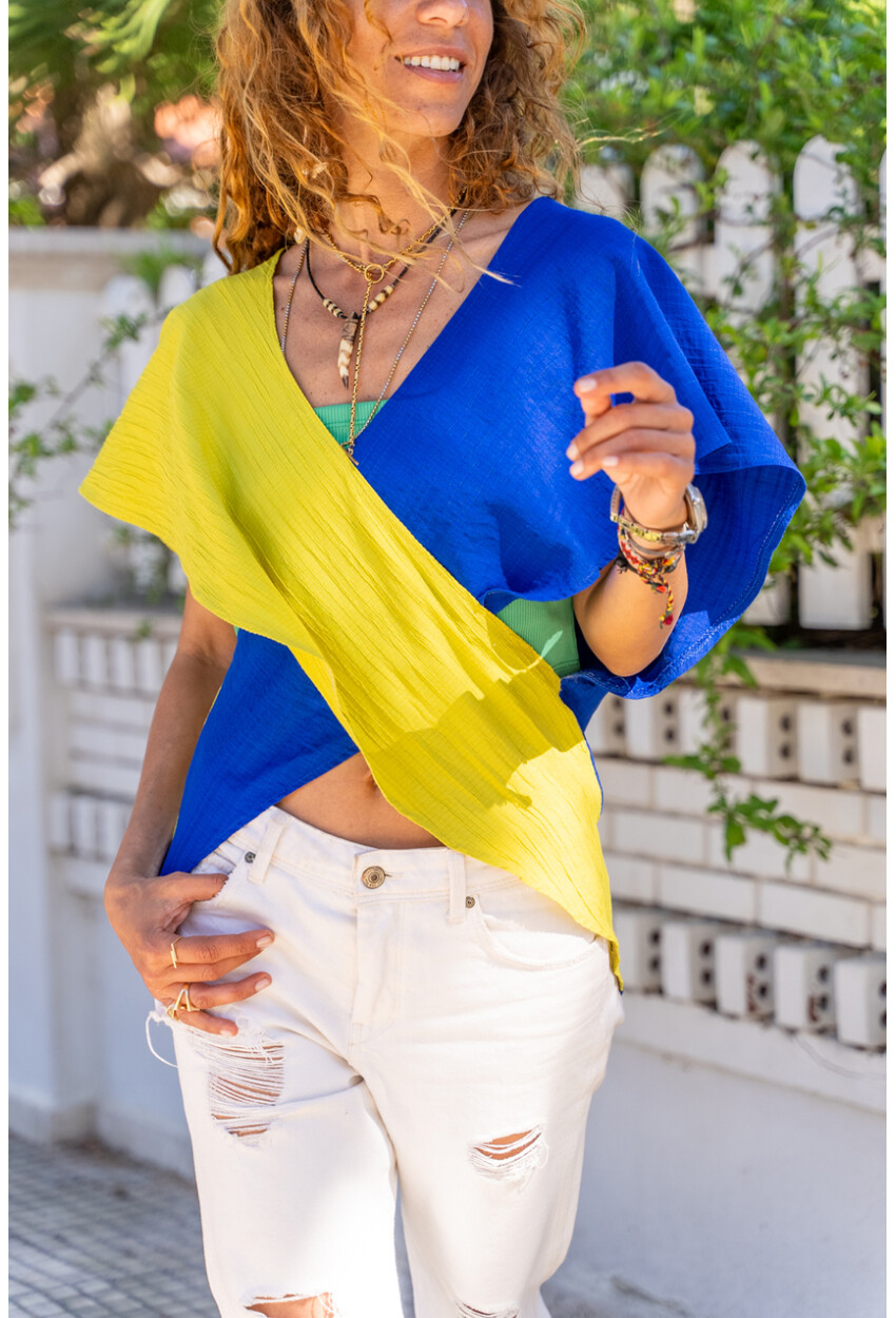 Kadın Saks-Yağ Yeşili Kruvaze Color Block Kendinden Dokulu Bluz BST700-3572