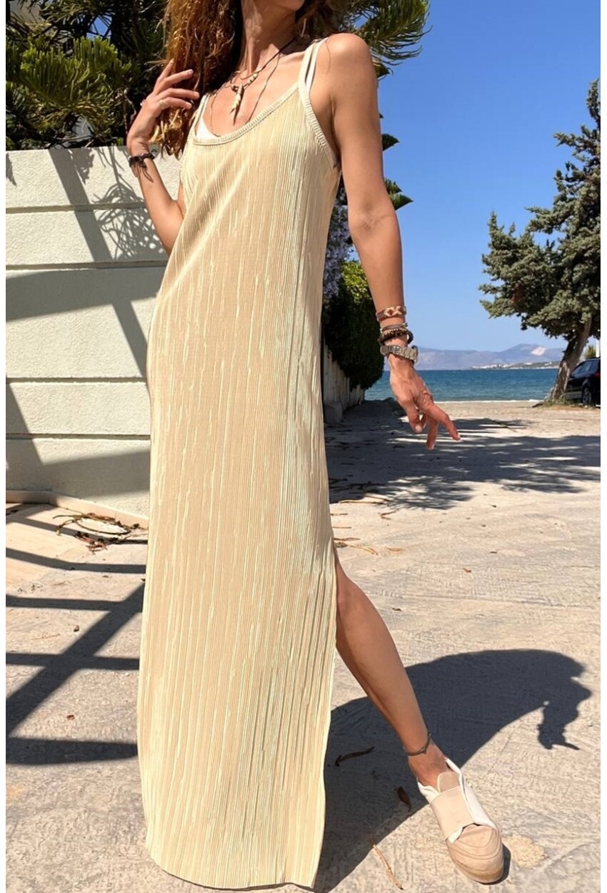 Kadın Sarı Askılı Yanı Yırtmaçlı Pliseli Uzun Elbise BST700-3609