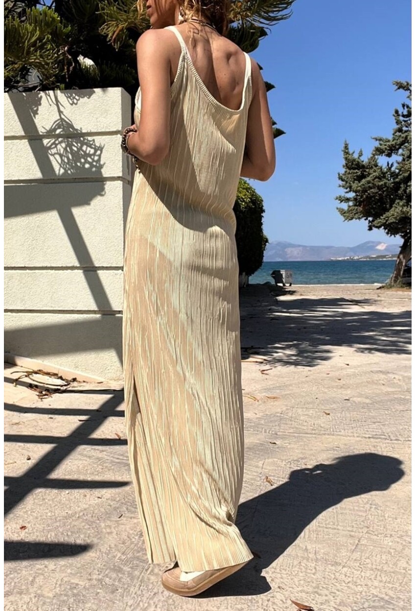 Kadın Sarı Askılı Yanı Yırtmaçlı Pliseli Uzun Elbise BST700-3609