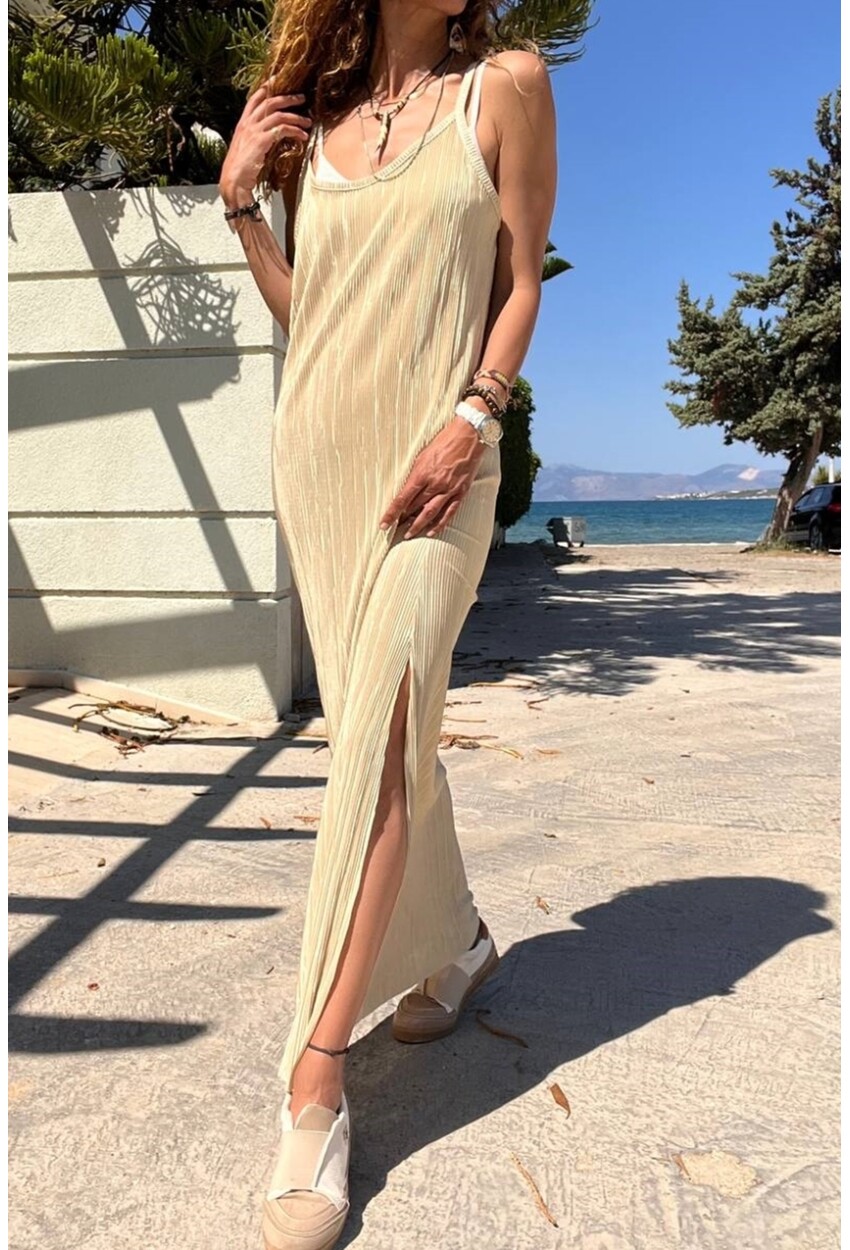 Kadın Sarı Askılı Yanı Yırtmaçlı Pliseli Uzun Elbise BST700-3609
