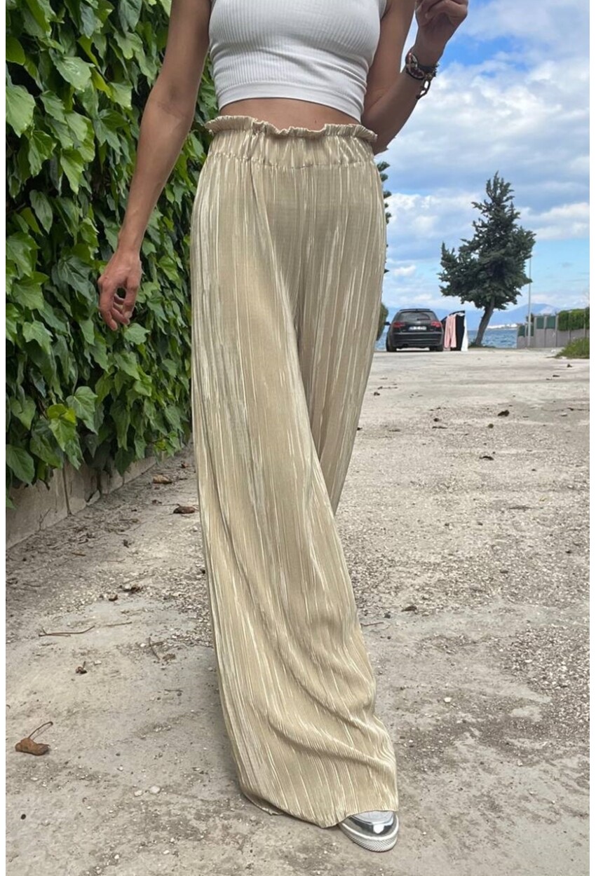 Kadın Sarı Kendinden Dokulu Beli Lastikli Bol Paça Salaş Pantolon BST700-3578